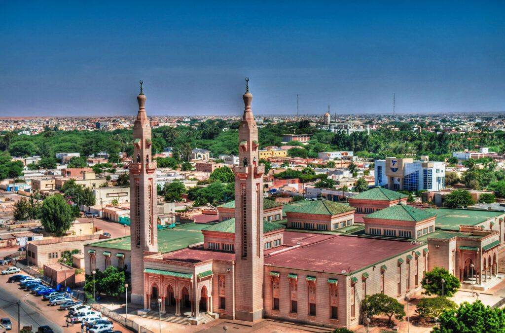 the aerial view to grand mosque in nouakchott, mauritania