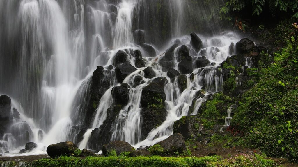 azores, waterfall, mountain, portugal, travel, hill, nature, water, rocks