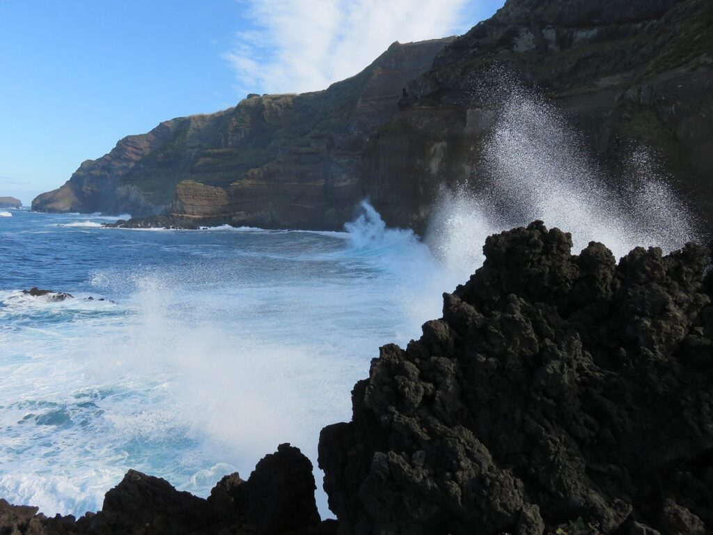 wave, nature, surf, cliff, crash, spray, coast, volcanic rock, ocean, sea, rugged, azores