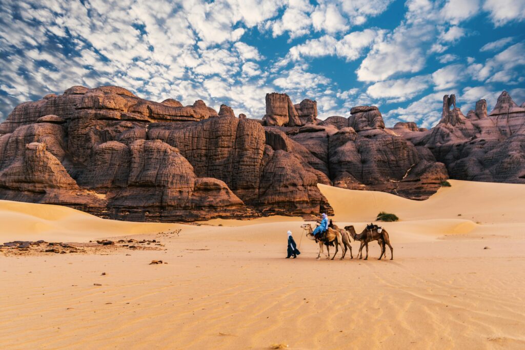 Scenic view of camels and sandstone cliffs in Tamanrasset, Algeria under a vibrant sky.