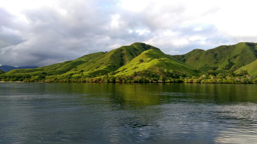 Scenic view of verdant hills and tranquil waters in Komodo, Indonesia.