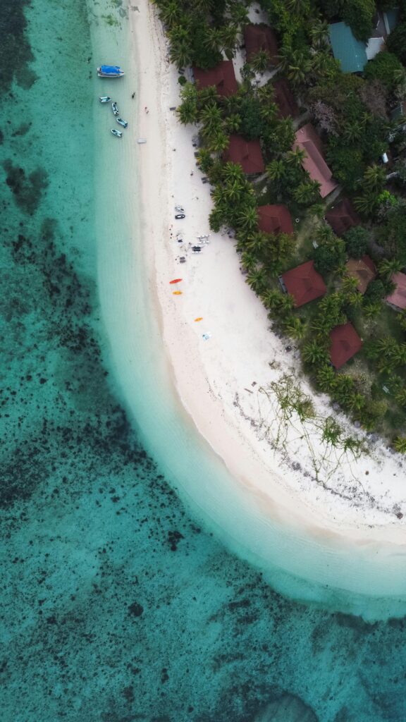 Stunning aerial view of a sandy beach with turquoise waters in Western Division, Fiji.