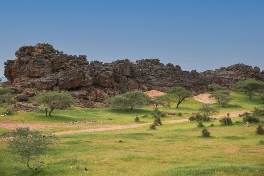 Stunning rocky formations and greenery in Ayoun el Atrous, Hodh El Gharbi, Mauritania.