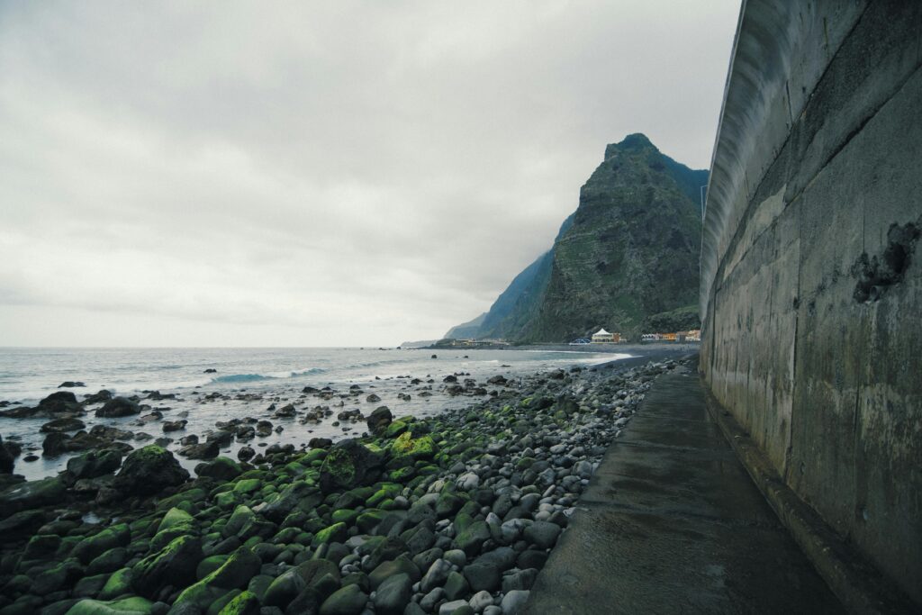Beautiful rocky coastline with lush green moss-covered rocks and towering cliffs in Madeira, Portugal.