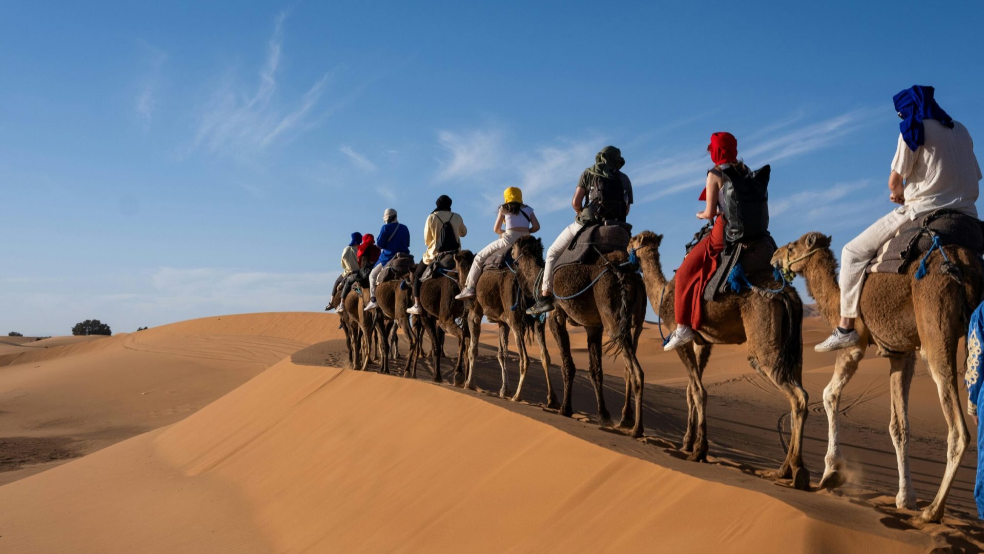 A group rides camels across sandy desert dunes under clear blue sky.