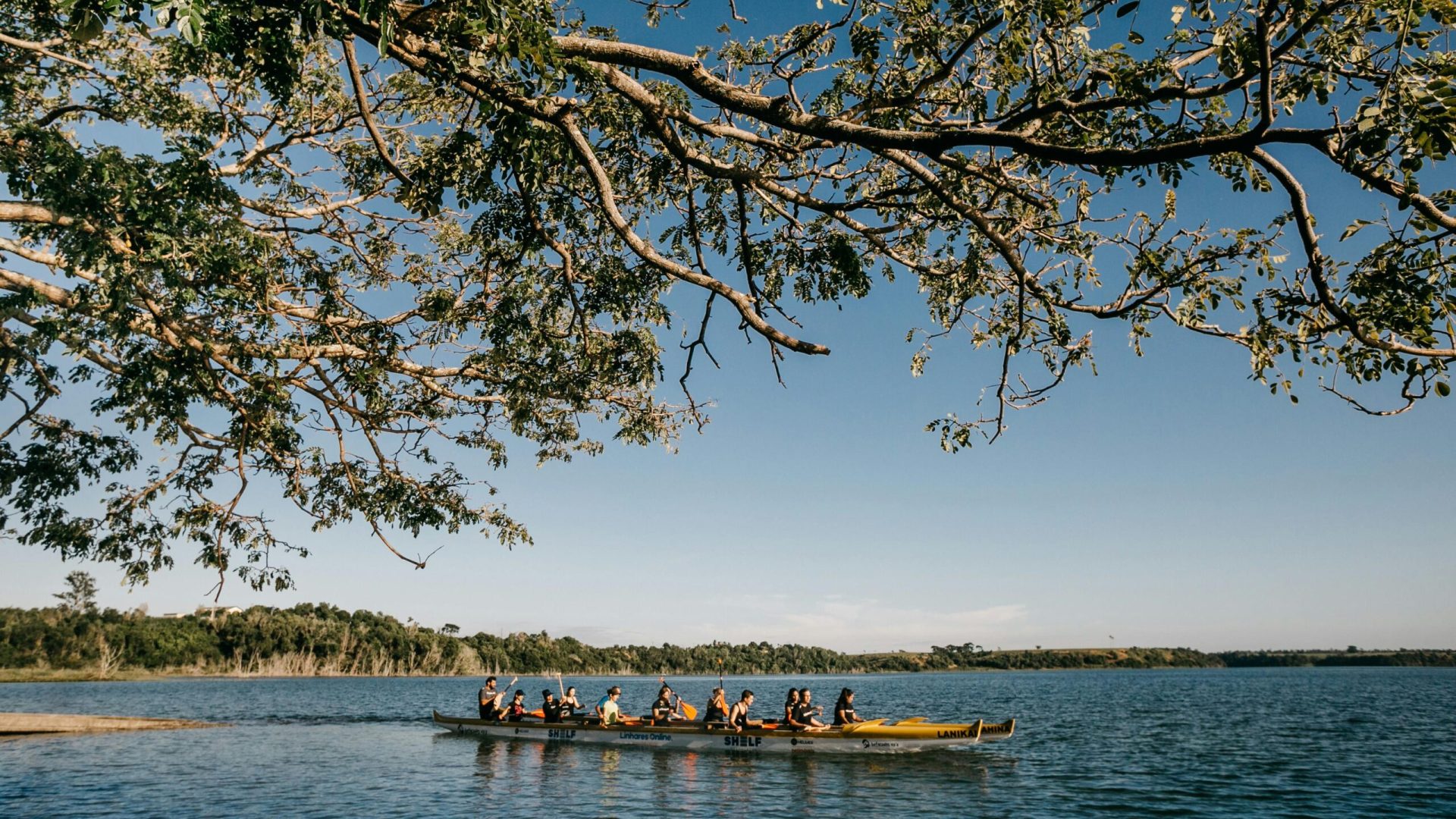 A group of people canoeing on a tranquil lake under a clear blue sky, surrounded by nature.